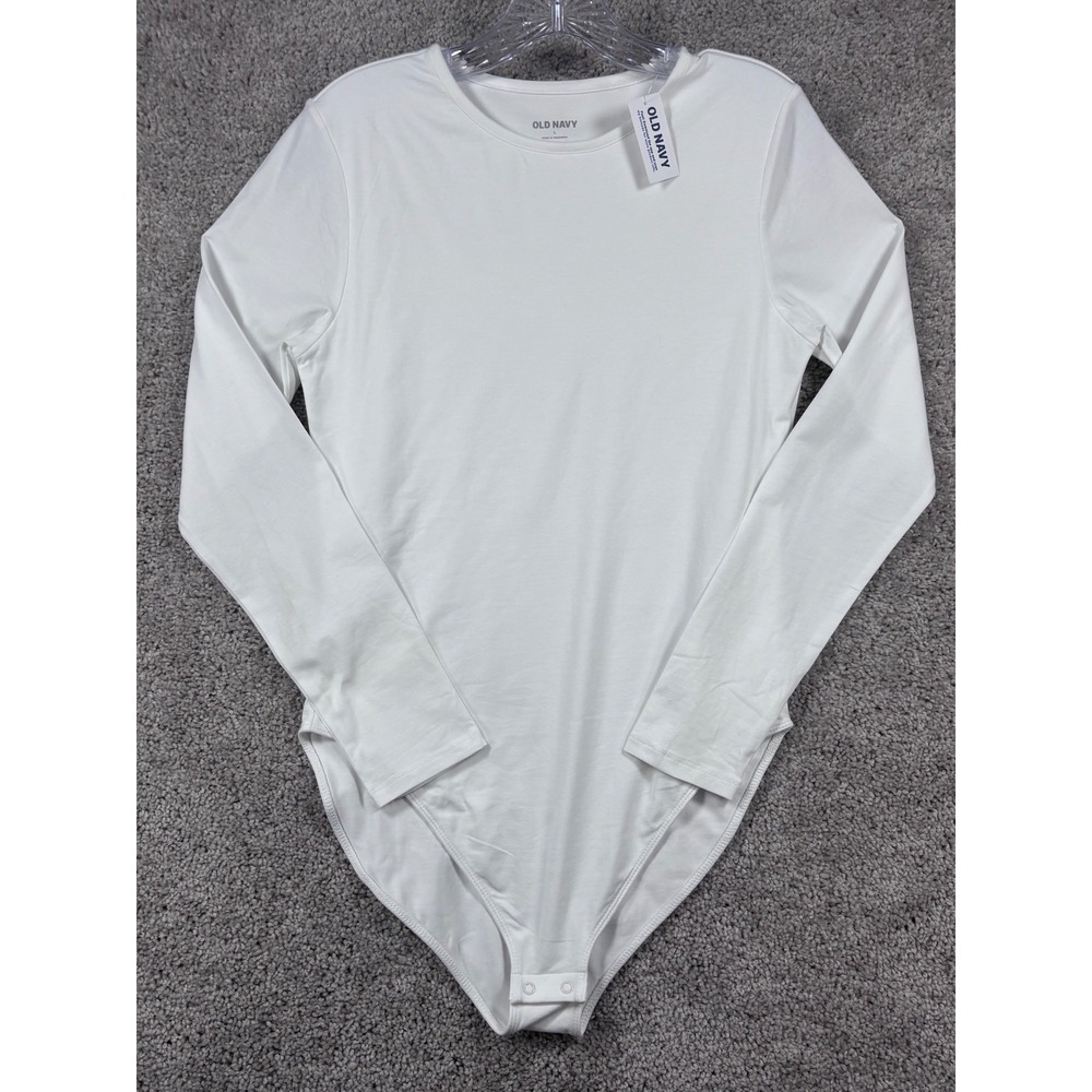Old Navy Womens White Long Sleeve Crew Neck Snap Bodysuit Size L New 411008-00-1